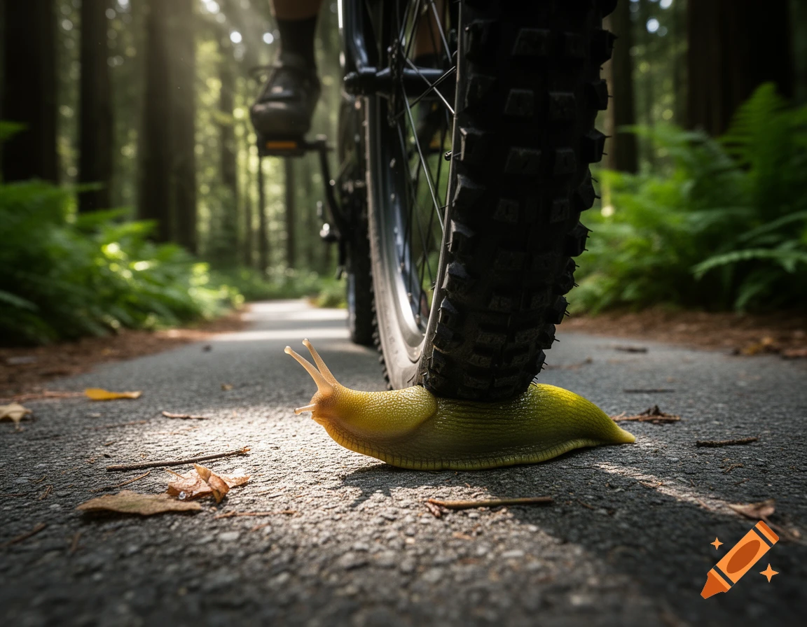 A photorealistic close-up shows a yellow banana slug beneath a bicycle tire on a paved forest trail, with dappled sunlight.