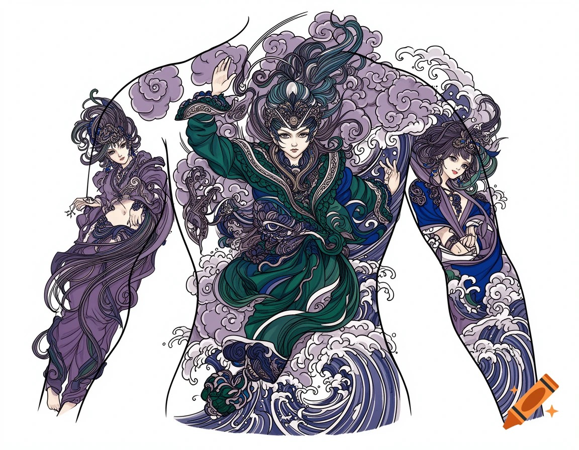 Stylized tattoo design depicting three ornate Japanese warrior women with flowing hair, surrounded by clouds and waves, on a body outline.