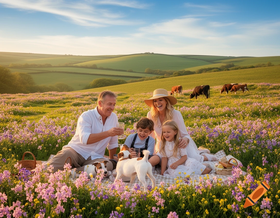 A family enjoys a sunny picnic in a vibrant field of spring flowers with their dogs, cows graze on rolling hills in the background.