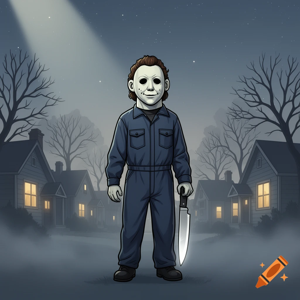 A cartoon Michael Myers stands in a misty suburban street at night, holding a large knife.