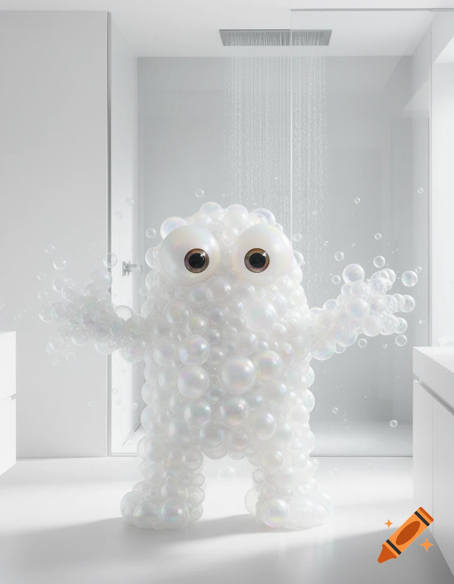 A cute, photorealistic white bubble monster with large brown eyes stands in a modern white shower with water falling.