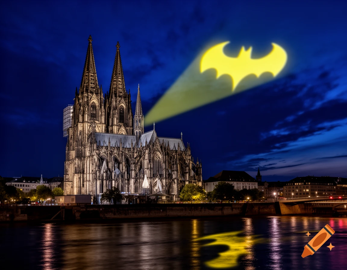 Photorealistic night view of Cologne Cathedral with the Bat-signal shining in the dark sky and reflecting in the river.