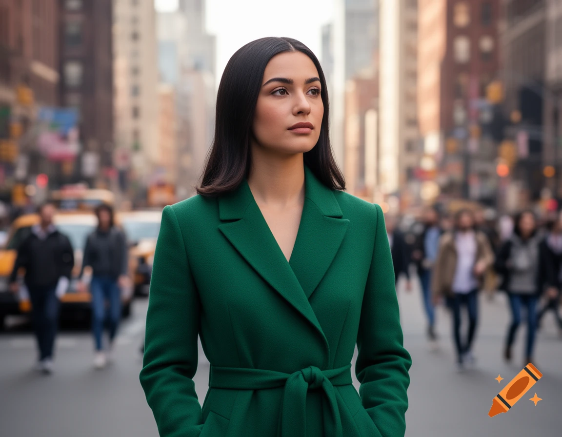 Photorealistic portrait of a woman in a green coat walking on a city street, looking to the right.