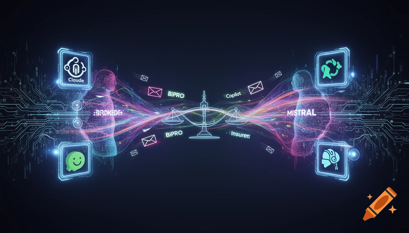 Two glowing, transparent human-like figures face each other, connected by vibrant, swirling data streams with various tech icons and text like 'Claude', 'BiPRO', 'Copilot', 'MISTRAL', and 'Insurer' floating around them. A balance scale is central to the data flow.