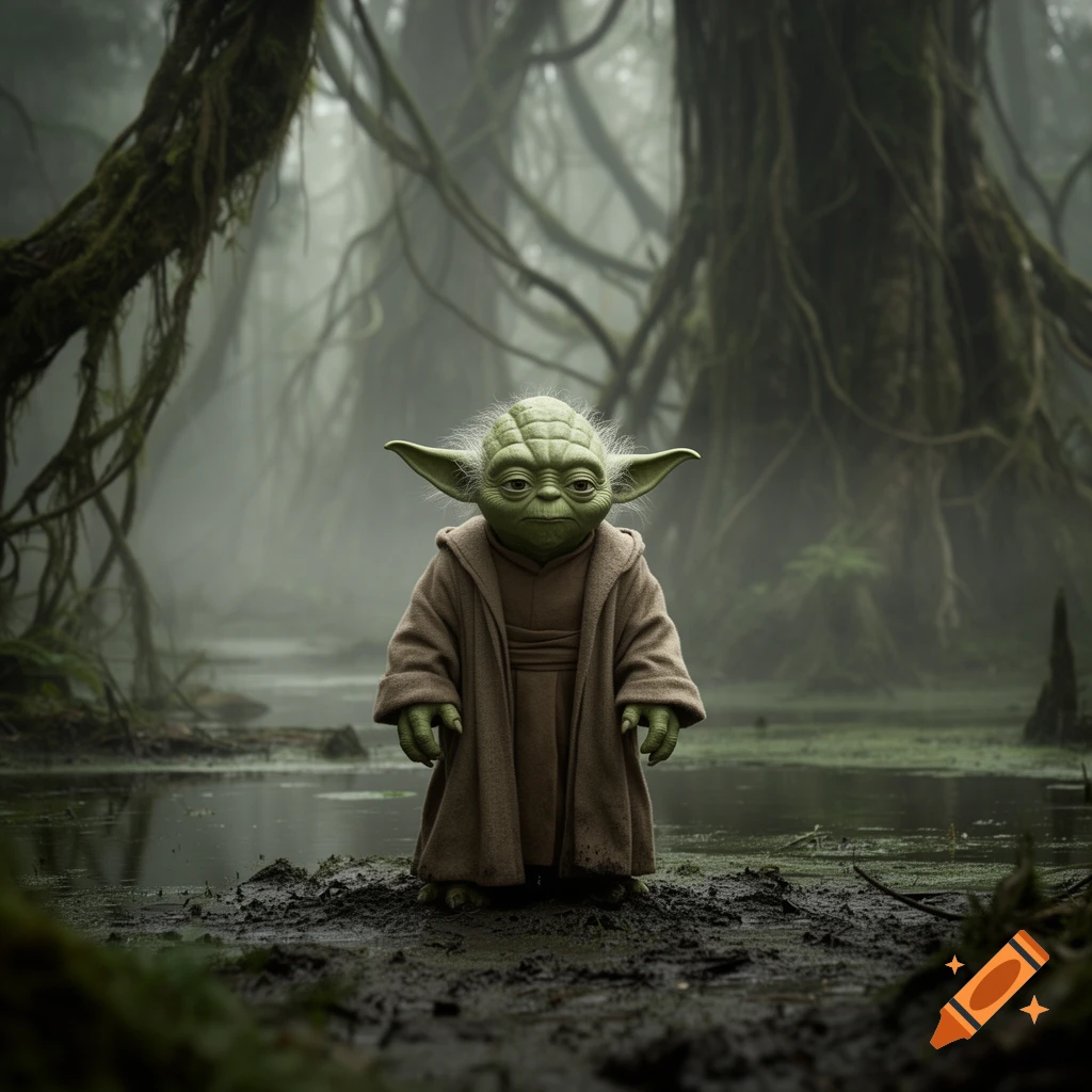 Yoda stands in a muddy swamp on Dagobah, surrounded by gnarled trees and murky water, in a photorealistic style.