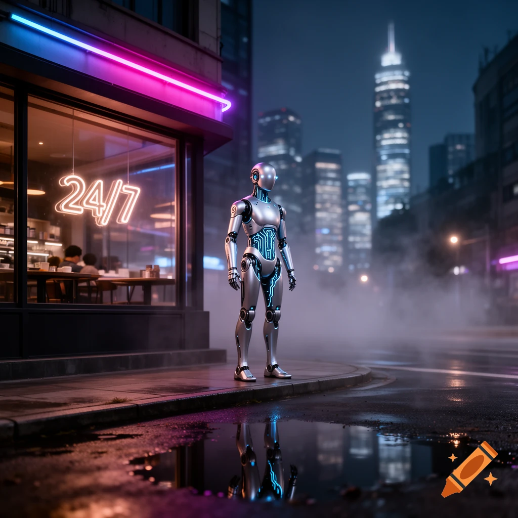 A silver robot with blue glowing lines stands on a wet street corner in a neon-lit city at night, with tall buildings and a cafe sign.