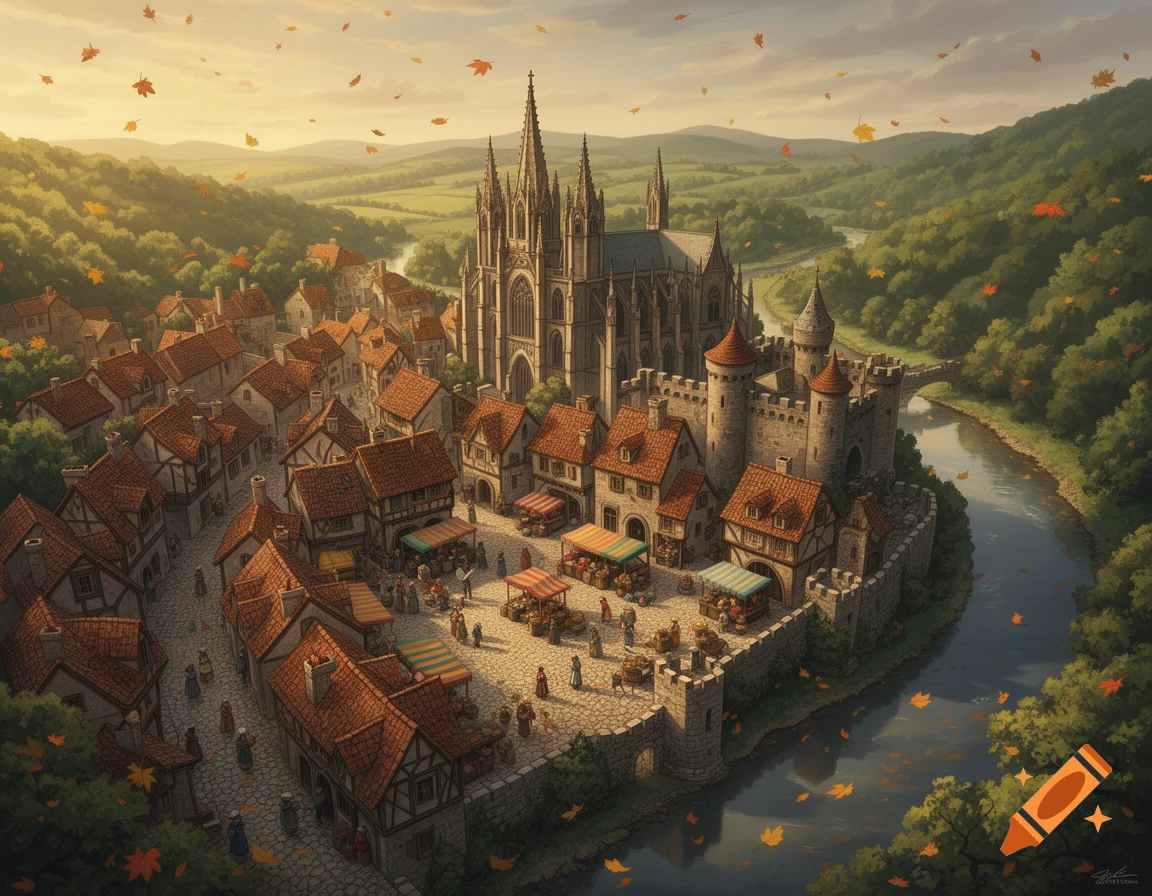 An illustrative aerial view of a quaint medieval town with a grand cathedral, castle, market, river, and autumn leaves.