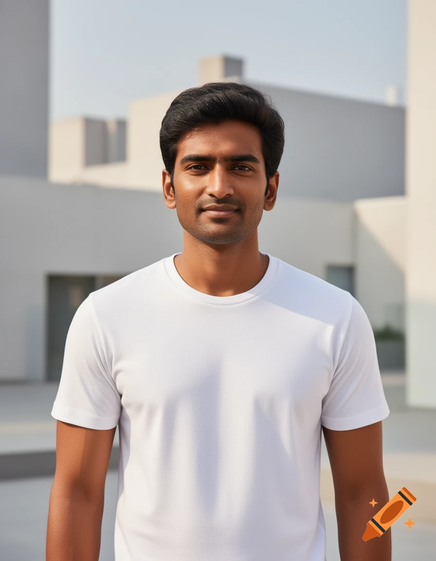 A dark-skinned man with dark hair in a white t-shirt stands outdoors against a modern, minimalist background.