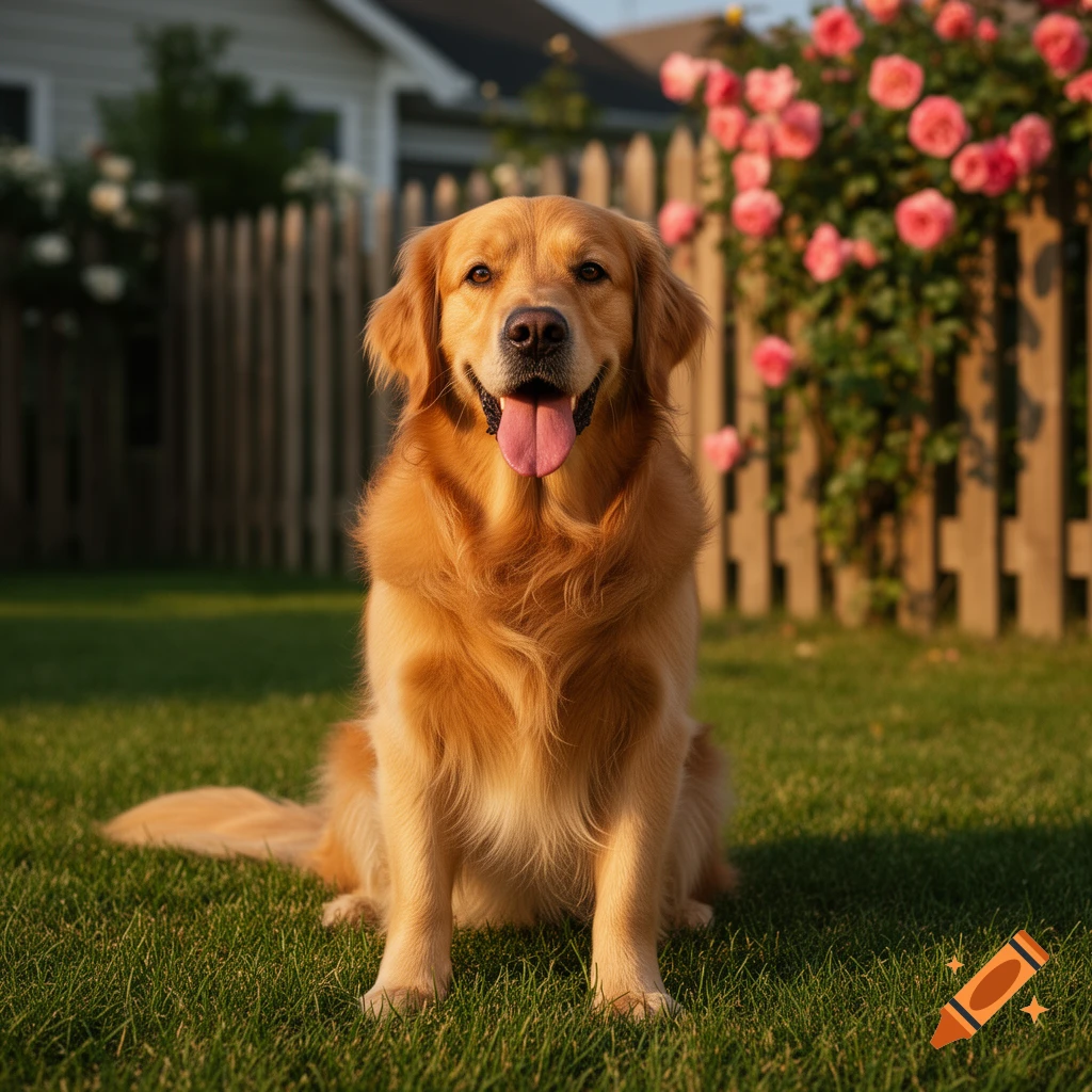 A happy Golden Retriever dog sits in a sunny backyard with a wooden fence and pink roses in the background.
