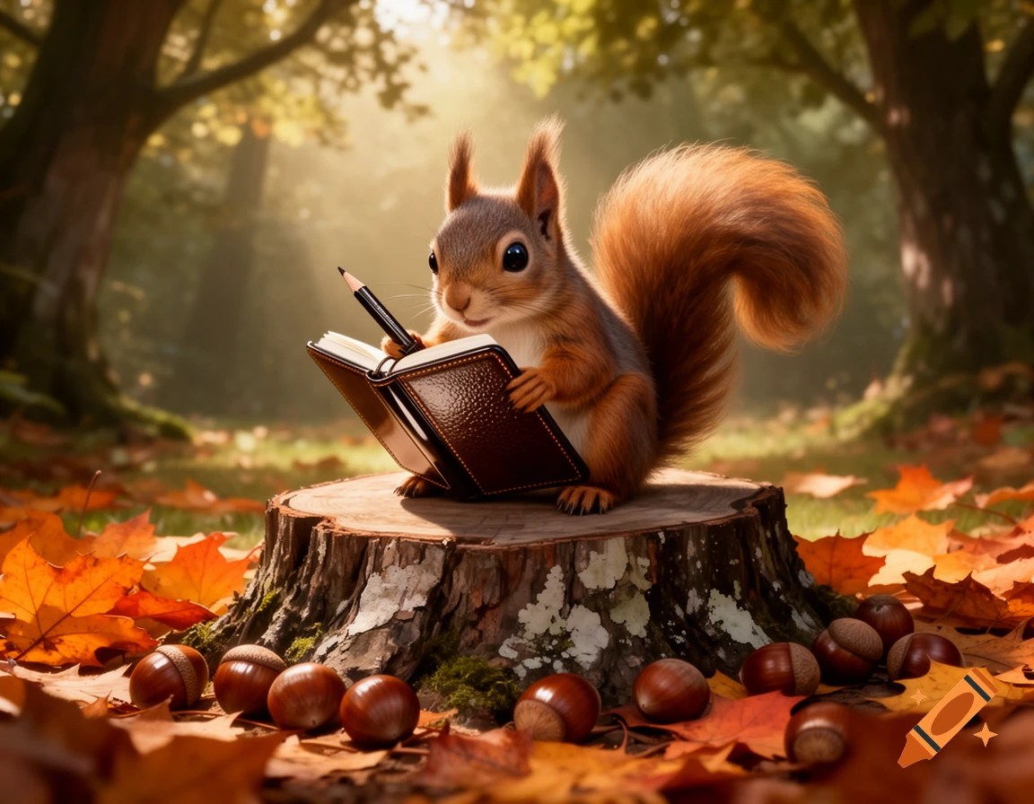 A cute squirrel sits on a tree stump in an autumn forest, writing in a small brown notebook with a pencil, surrounded by fall leaves and hazelnuts.