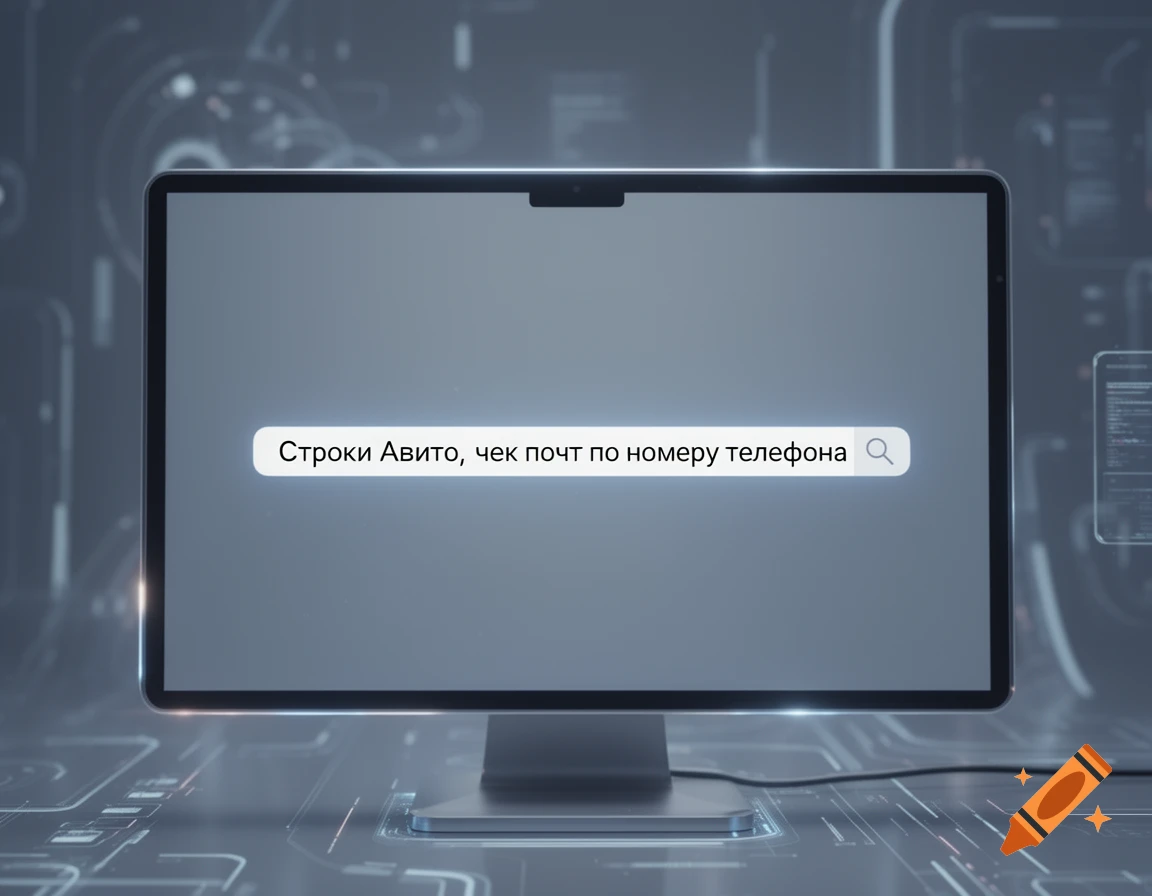 A sleek computer monitor displays a search bar with Russian text 'Строки Авито, чек почт по номеру телефона' in a futuristic setting.