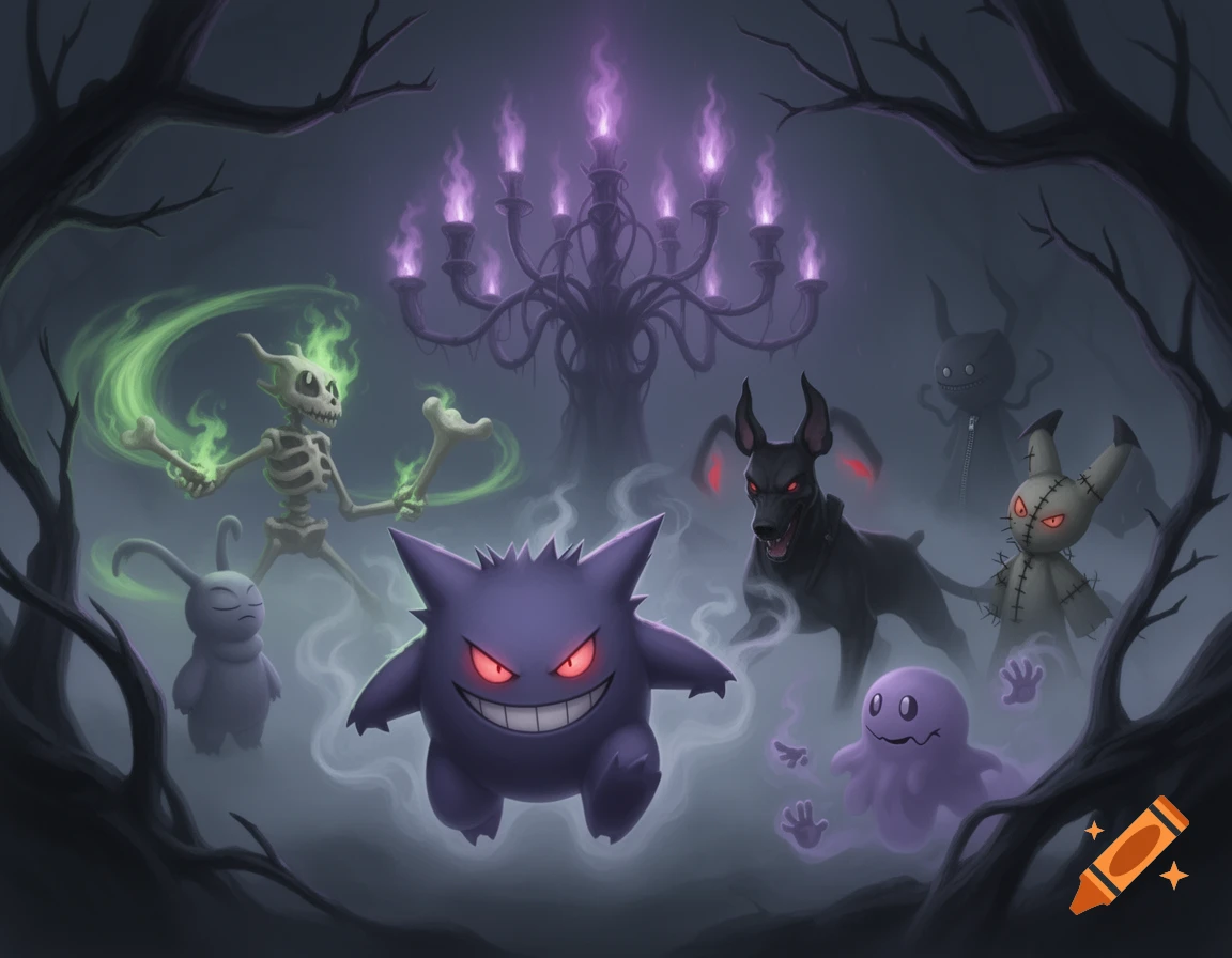 Stylized spooky Pokémon-like creatures including Gengar, a skeleton, and a black dog in a foggy, dark forest with a glowing purple chandelier.
