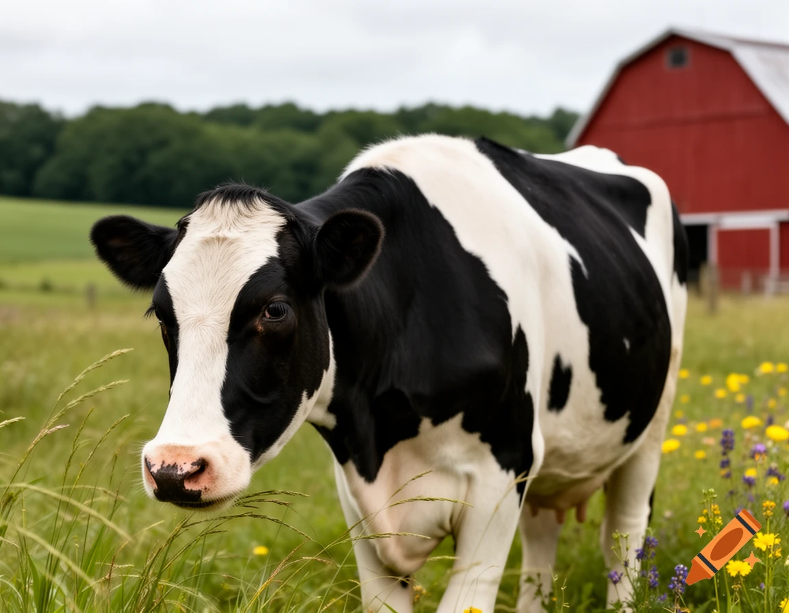 A black and white cow stands in a grassy field with wildflowers, a red barn and trees in the background under a cloudy sky.