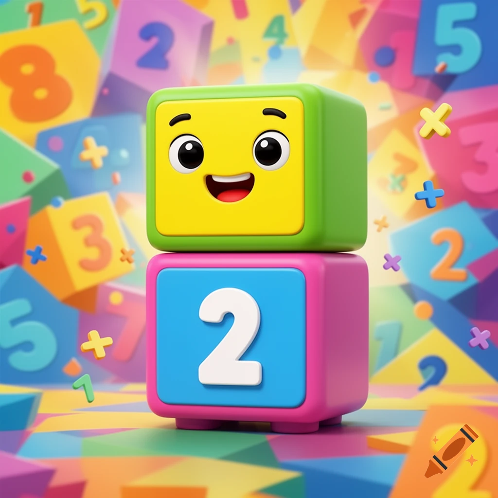 A stack of colorful, cartoon blocks: the top block is yellow and green with a happy face, and the bottom block is pink and blue with a white number '2'. Other number blocks are in the background.