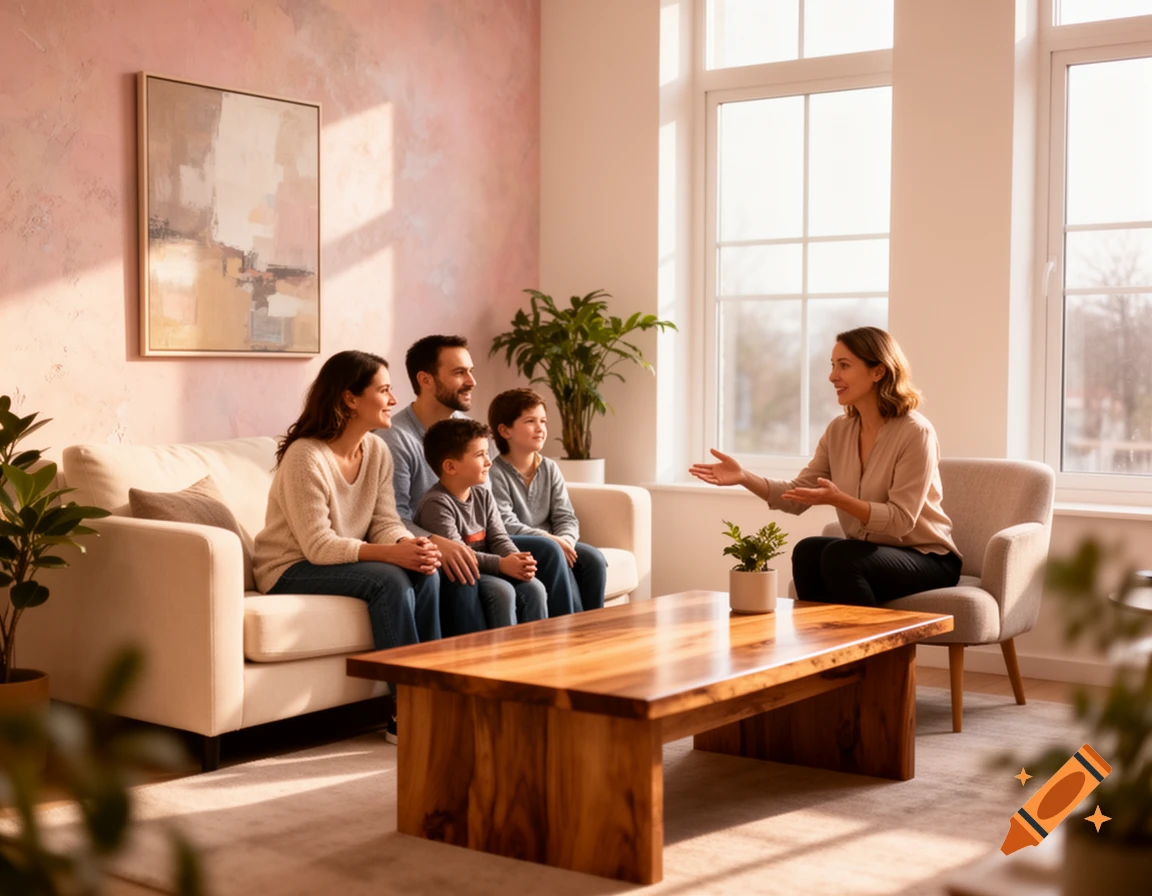 A family with two children sits on a couch, listening to a woman consultant in a warm, naturally lit consultation room.