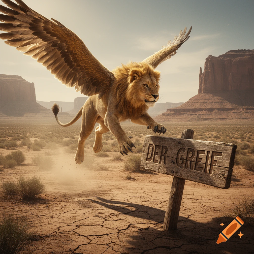 A majestic winged lion hovers above a cracked desert landscape next to a wooden sign reading 'DER GREIF', with mesas in the background. Photorealistic.