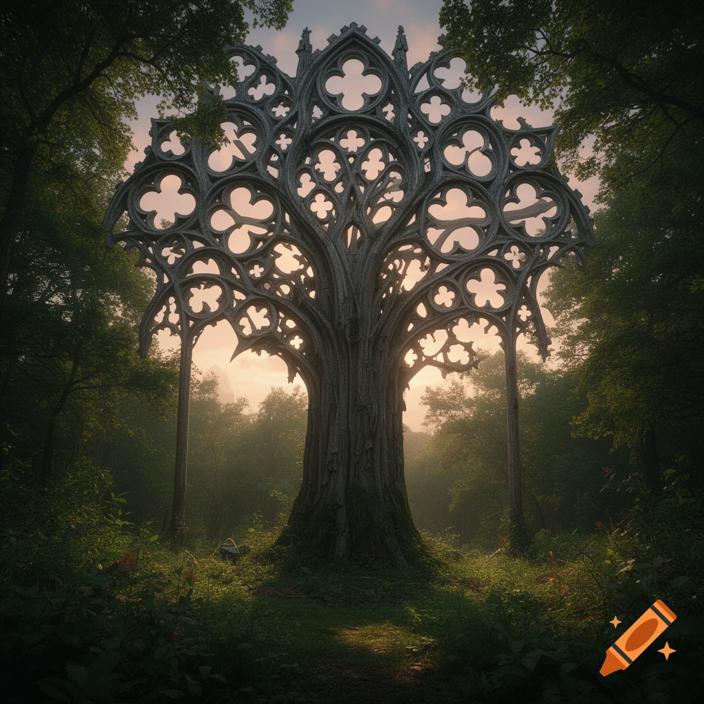 A towering tree with a wooden trunk and a crown of intricate gothic stone trefoil window patterns, standing in a misty forest at sunset.