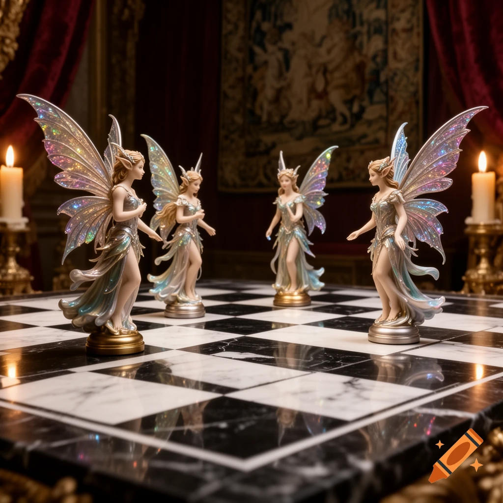 Four elegant fairy figurines with iridescent wings stand on a marble chessboard, bathed in soft light with red drapes and a tapestry in the background.