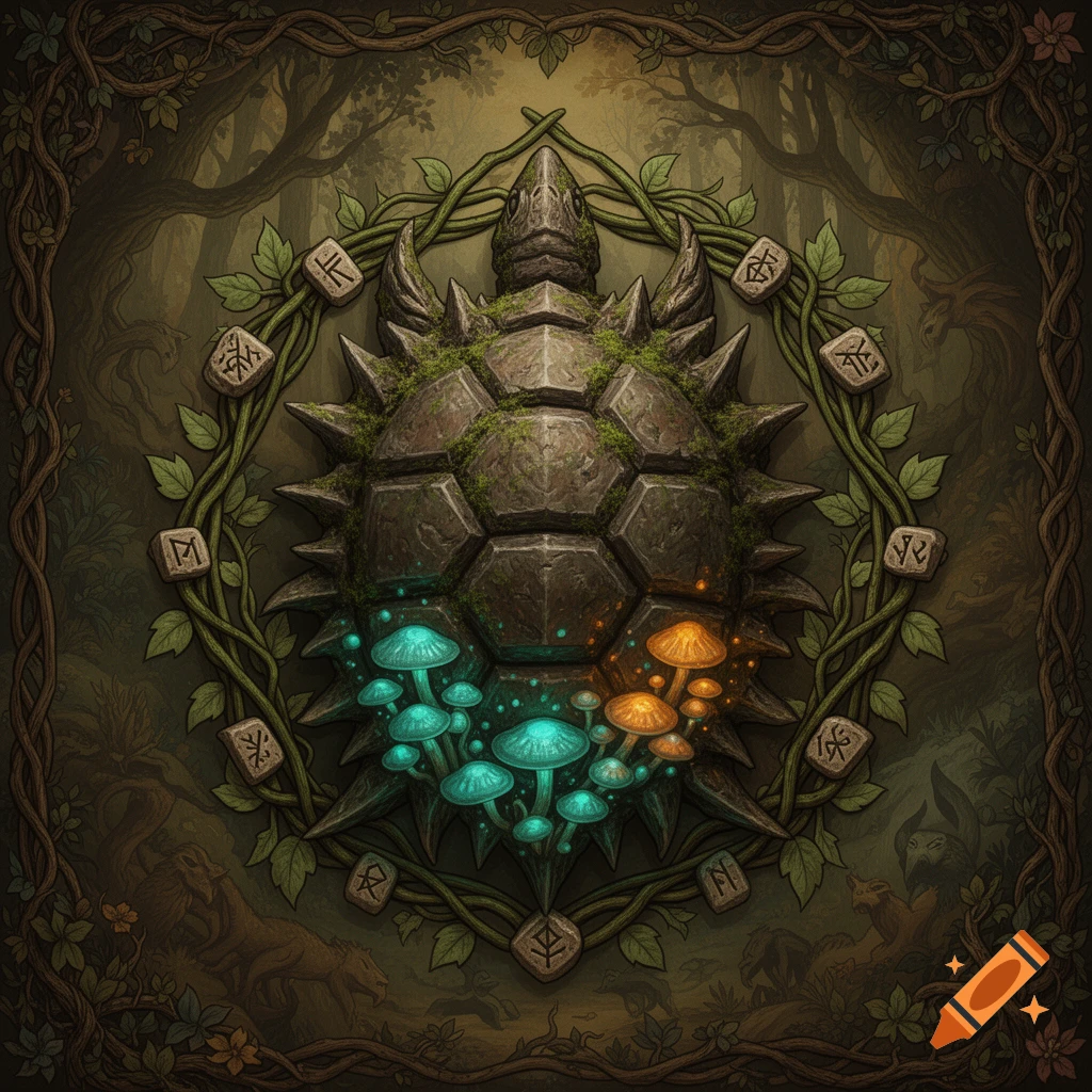 A fantasy medieval crest featuring a spiky, moss-covered turtle shell with glowing blue and orange mushrooms, encircled by a vine wreath with runic stones, set against a dark forest background.