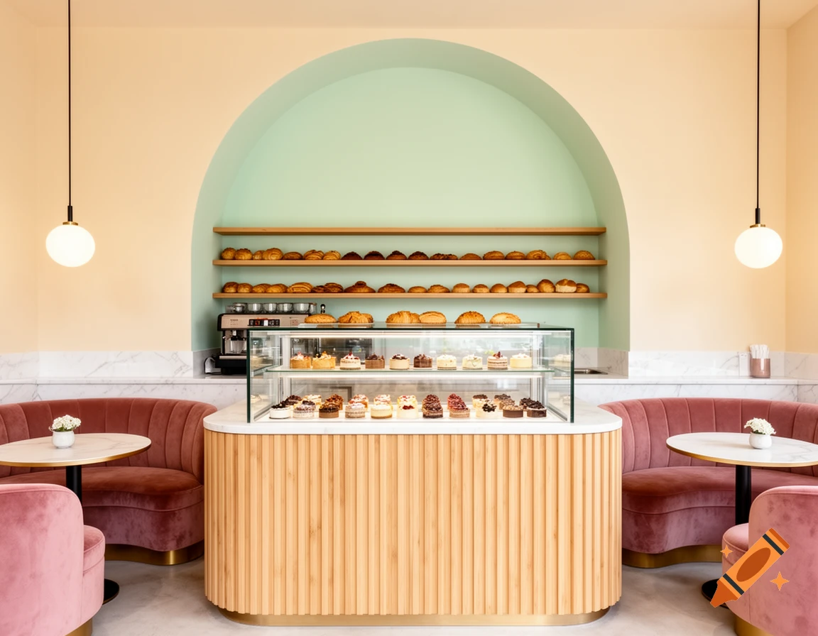 A modern boutique cafe interior with a pastel mint green arched wall, wooden display counter, velvet booth seating, and hanging orb lights.