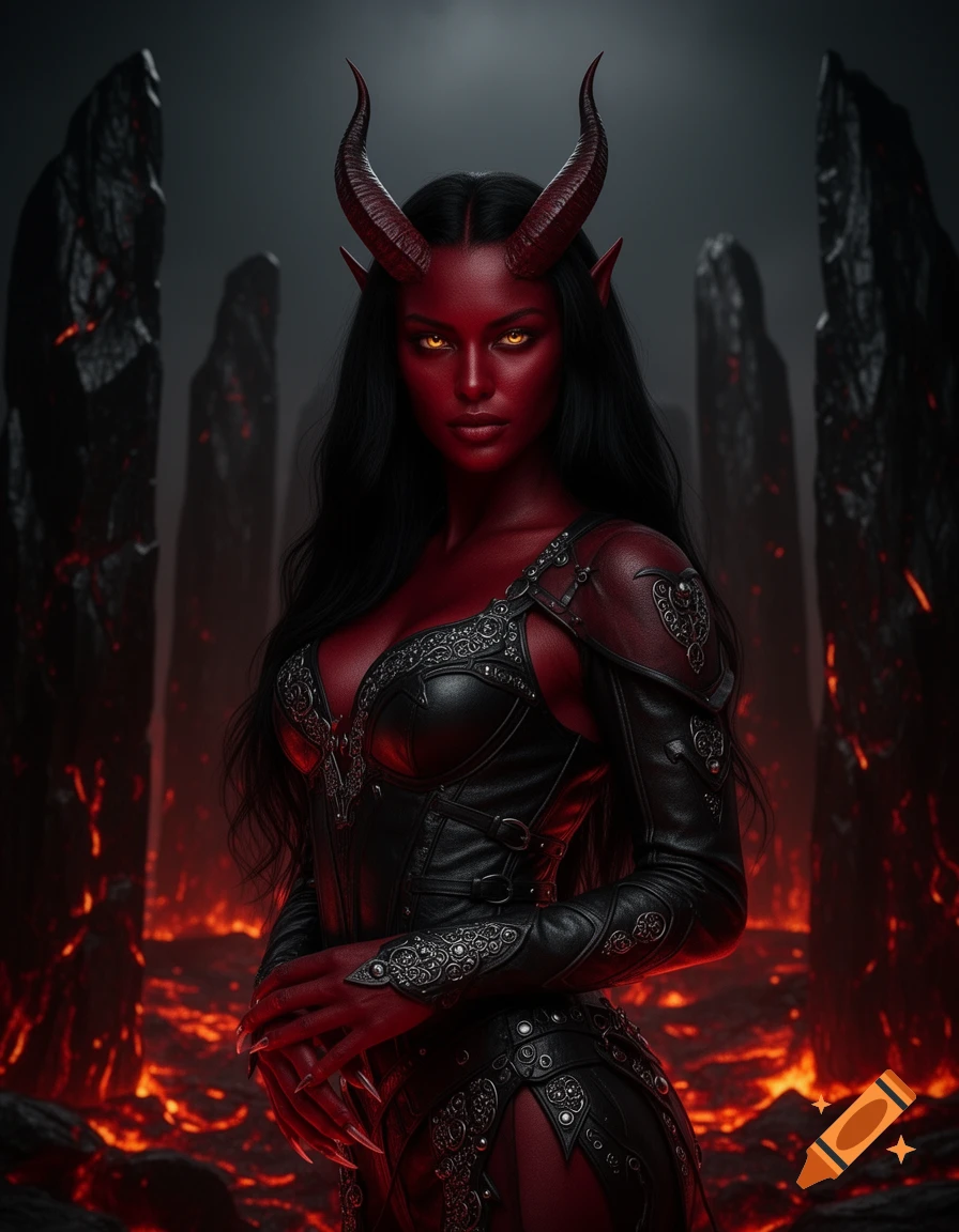 A red-skinned female devil with horns and glowing yellow eyes stands in a fiery hellscape.