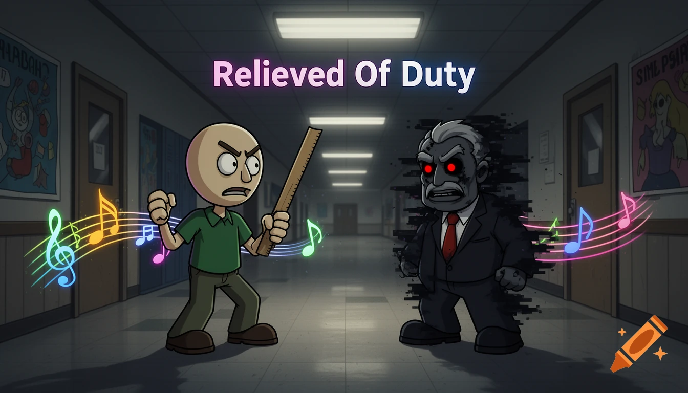 A bald, angry cartoon character holding a ruler faces a glitching, red-eyed principal in a dark school hallway, with musical notes floating around. The title "Relieved Of Duty" appears above.