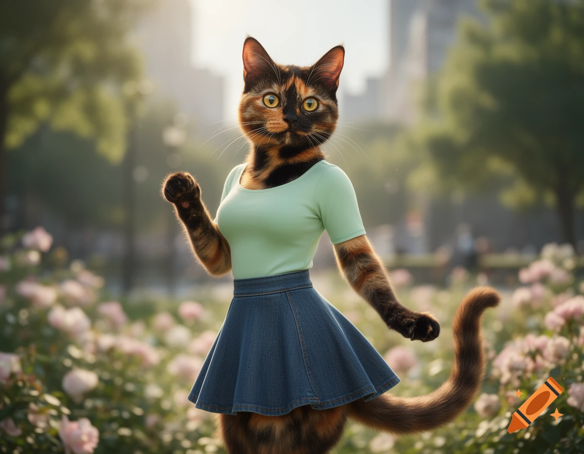 A photorealistic tortoiseshell cat wearing a light green t-shirt and a blue denim skirt, standing in a park with pink flowers.