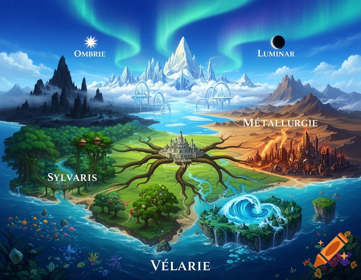 A vibrant fantasy map showing various realms: Ombre with dark mountains, Luminar with snowy peaks, Sylvaris with lush forests, Metallurgie with a fiery city, and Velarie with ocean islands, all surrounding a central kingdom.