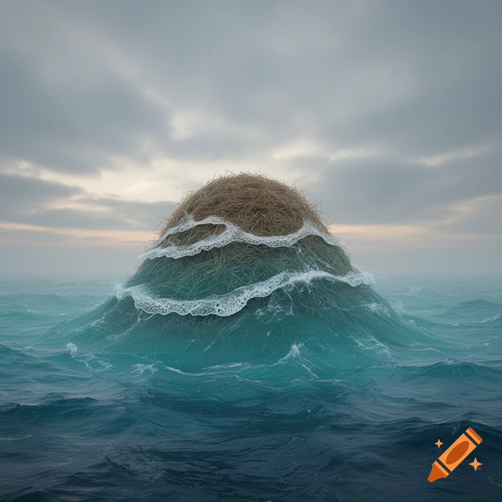 A large, domed haystack-like mound sits in the middle of a choppy, deep blue ocean, with white waves breaking against it under a cloudy sky.
