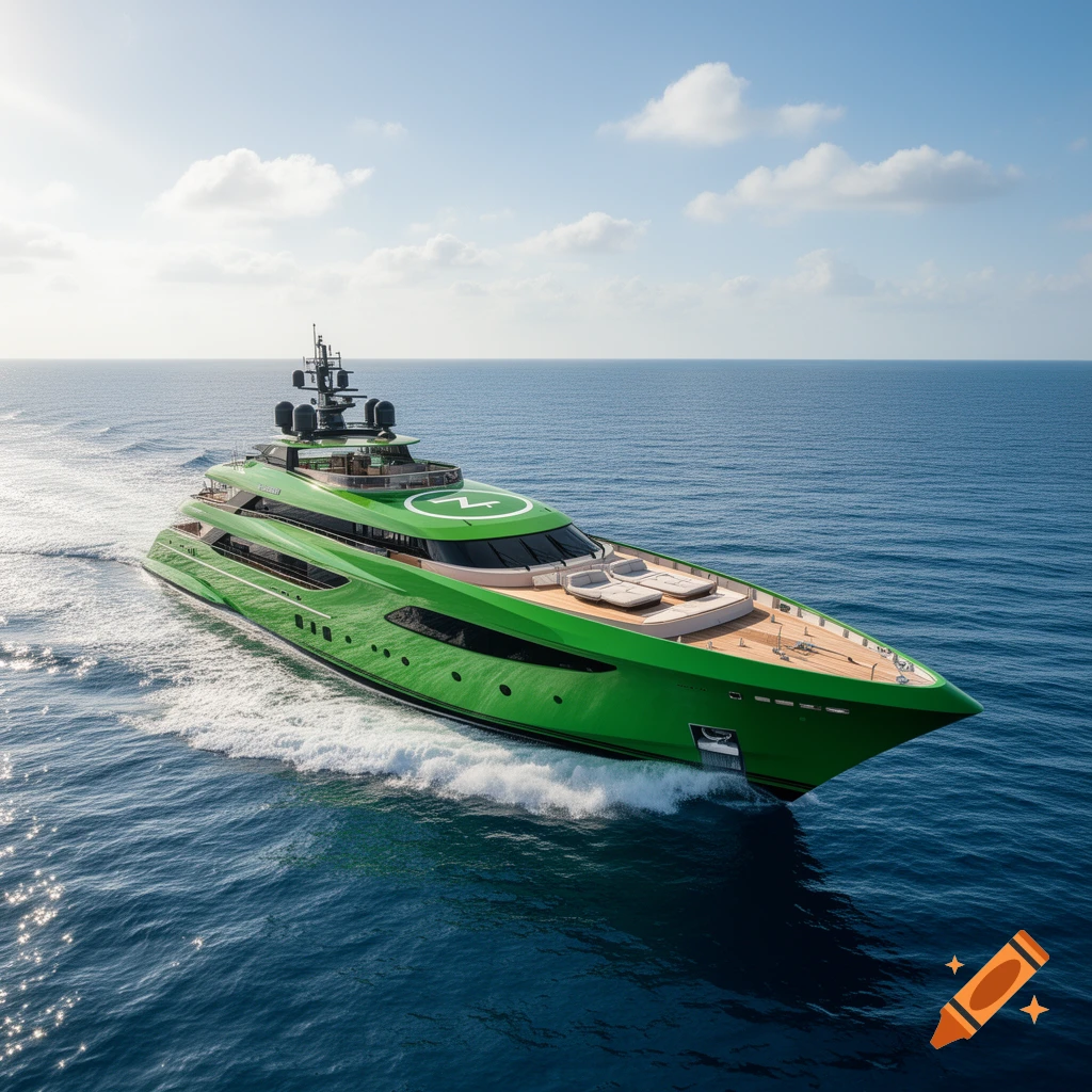 A vibrant Kawasaki green super yacht with a helipad cruises through blue ocean waters on a sunny day.