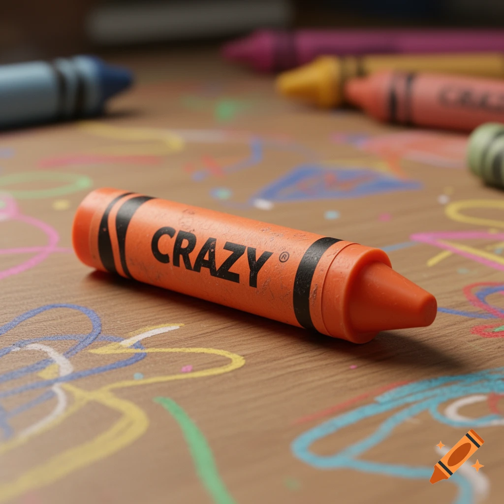 A photorealistic close-up of an orange crayon labeled "CRAZY" lying on a wooden surface covered in colorful scribbles.