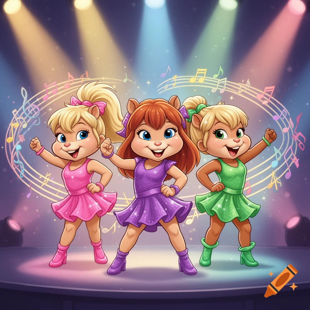Three cartoon Chipettes in pink, purple, and green dresses dance on a stage with spotlights and musical notes.