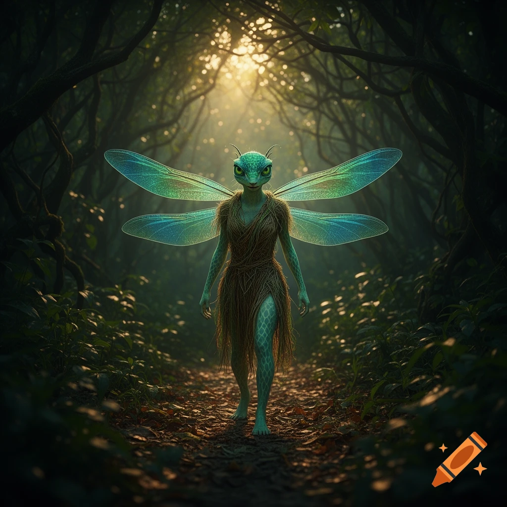 A green, alien-like dragonfly creature with shimmering wings walks on a sun-dappled forest path, wearing a fibrous brown tunic.