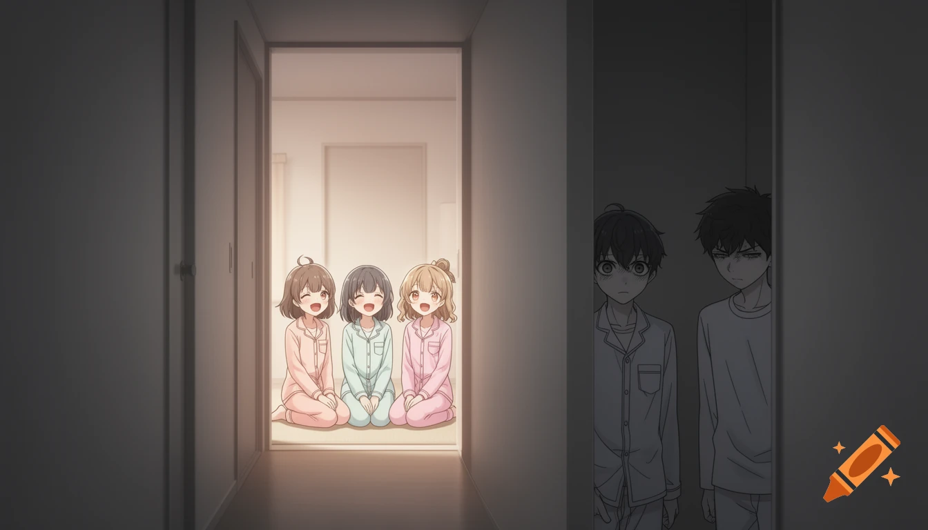 Four anime girls in pajamas kneeling and smiling in a brightly lit room, viewed from a dark hallway where two anime boys peek from around the corner.