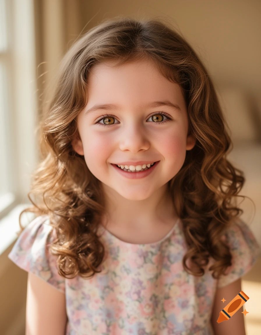 Close-up photorealistic portrait of a smiling young girl with long brown curly hair and hazel eyes, wearing a floral dress.