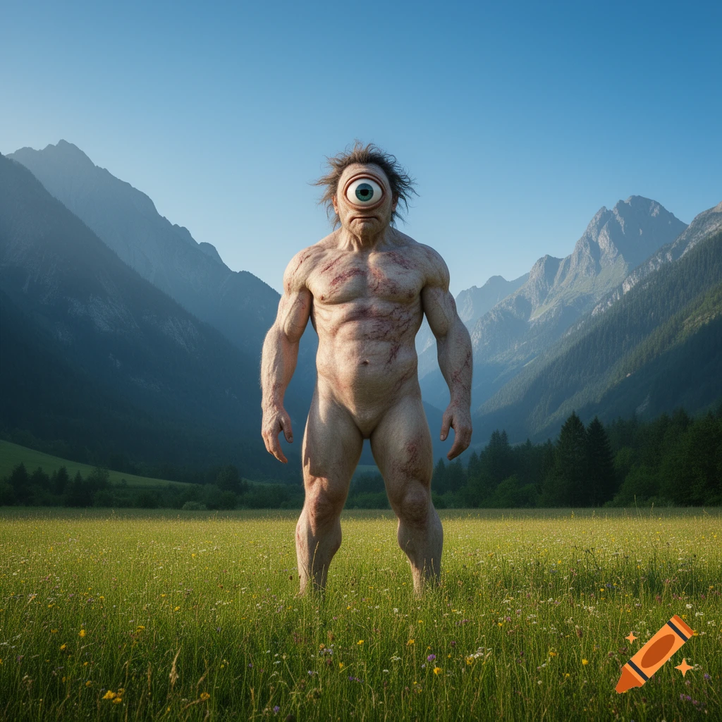 A nude, muscular cyclops with one large eye stands in a lush green meadow with towering mountains under a clear blue sky.