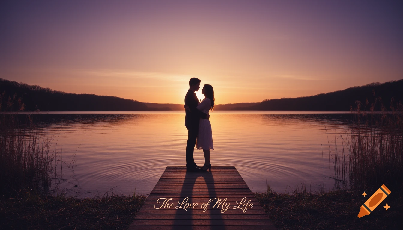A silhouetted couple embraces on a wooden pier at sunset over a lake, with the text "The Love of My Life" on the pier.