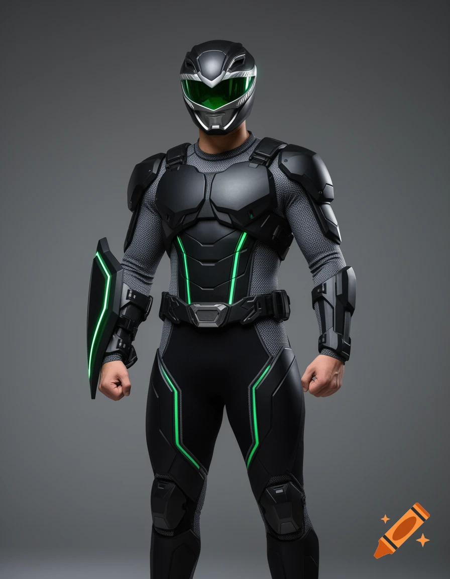 Photorealistic man in a black and emerald green sci-fi superhero suit with a helmet and green visor, studio shot.