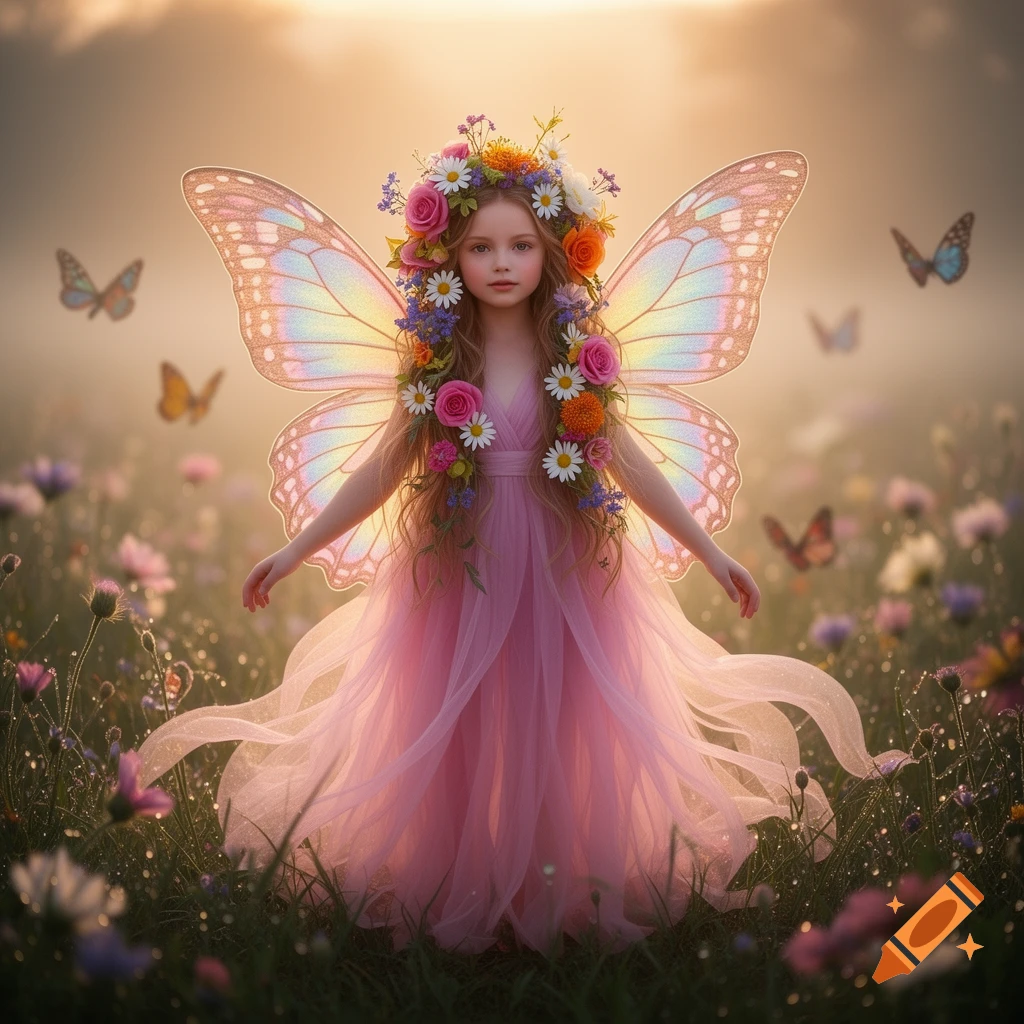A young girl in a pink fairy dress with flower crown and iridescent wings stands in a field of wildflowers, golden light.