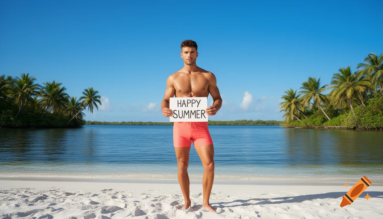 A muscular male model in coral swim shorts holds a 'Happy Summer' sign on a white sand tropical beach with palm trees and a blue lagoon.