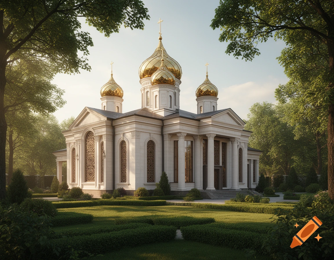 A grand white church with golden domes and crosses, surrounded by lush green trees and a manicured garden under a clear sky.