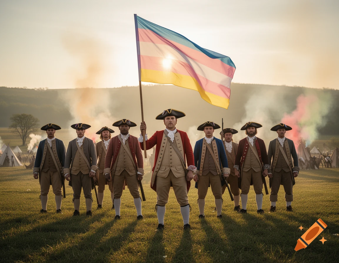 Men in American Revolutionary War uniforms stand in a field at sunset, one holding an intersex inclusive trans flag.