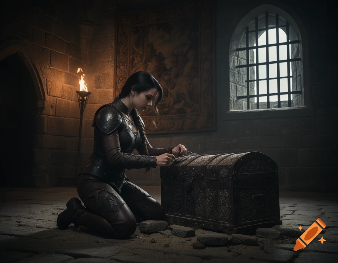 A female rogue in leather armor kneels, picking a lock on an ornate chest in a dark, photorealistic castle room.