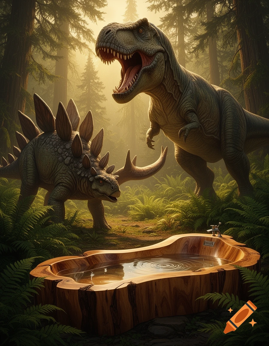 A roaring T-Rex faces a Stegosaurus next to a wooden bathtub in a misty, sunlit forest. Photorealistic style.