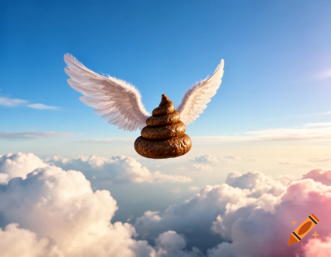 A whimsical pile of brown poop with white wings flies high in a clear blue sky above fluffy white clouds.