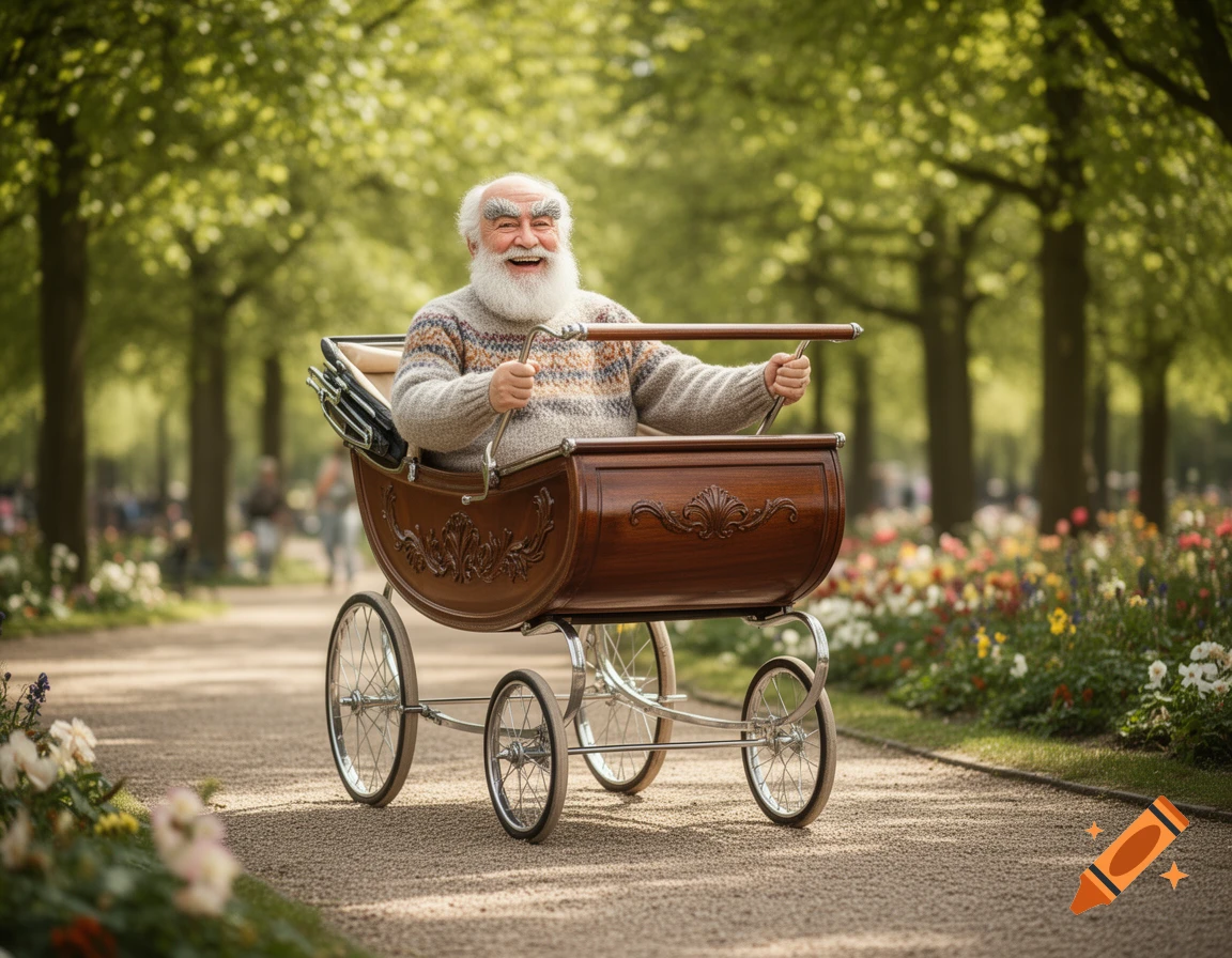 A smiling old man with a long white beard sits in a large, ornate wooden baby carriage on a gravel path in a sunny park.
