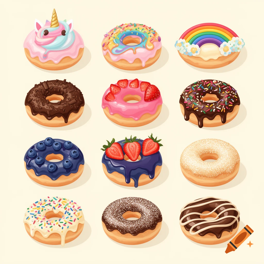 A stylized digital illustration of twelve different colorful doughnuts, featuring various toppings like unicorn horn, rainbow, sprinkles, chocolate, blueberries, and strawberries.