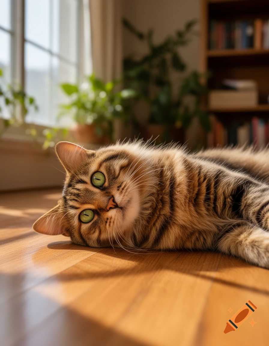 A photorealistic brown tabby cat with bright green eyes lies on a wooden floor in a sunbeam, looking at the camera.