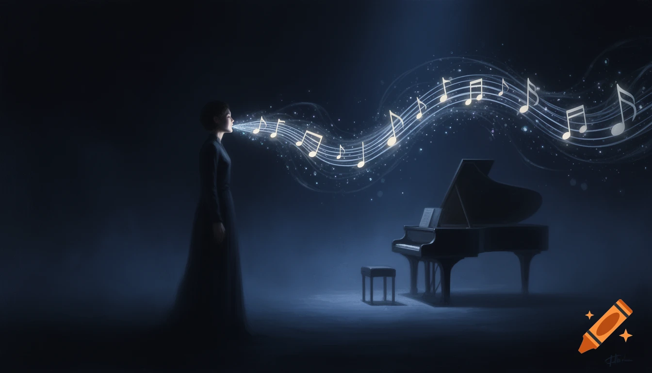 A woman in a long dress emits glowing musical notes from her mouth that float across the dark space towards a grand piano, in a surreal, ethereal blue and black scene.