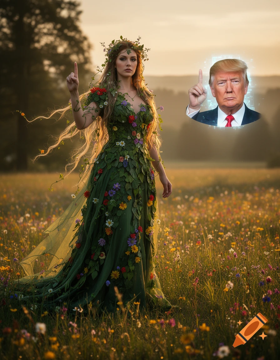 Photorealistic image of Mother Nature in a wildflower field, pointing up. A glowing, holographic Donald Trump points up beside her.
